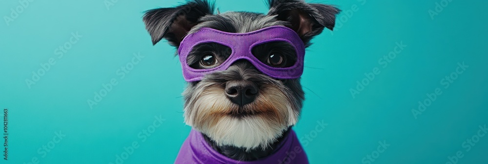 Wall mural A dog dressed in a purple superhero costume, posing against a bright turquoise background.