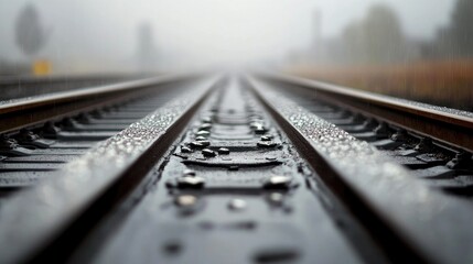Rain-Drenched Railway Tracks Close-Up