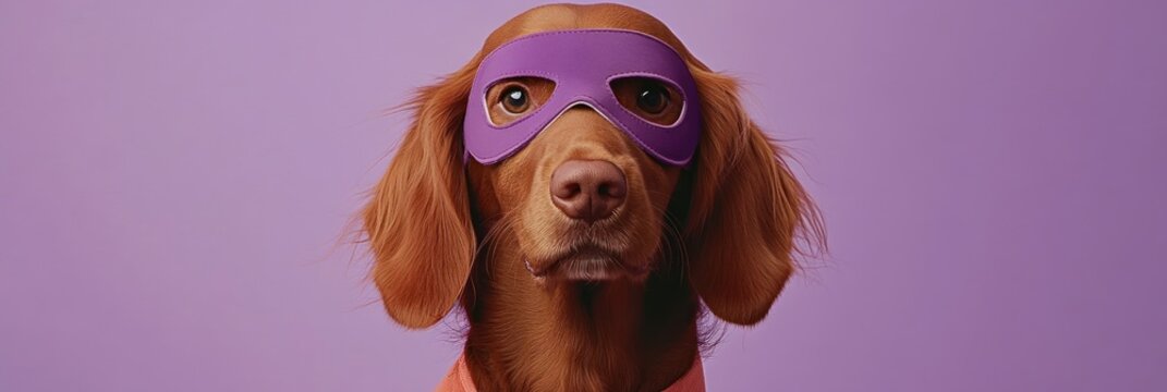 A golden retriever wearing a purple mask poses against a purple background.