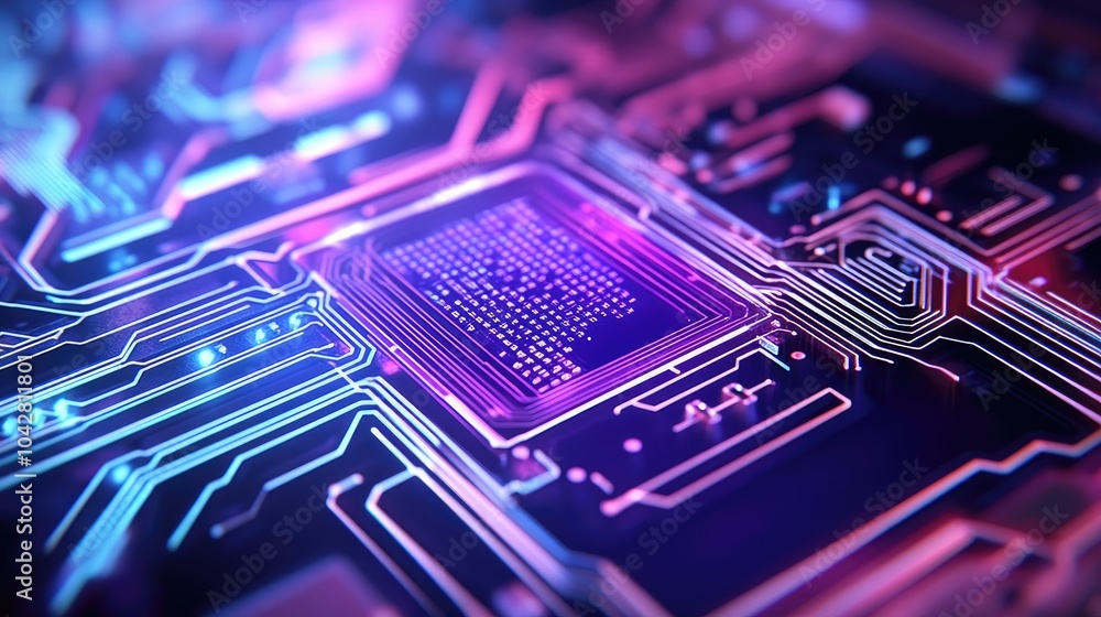 Poster intricate close-up of a futuristic microchip circuit