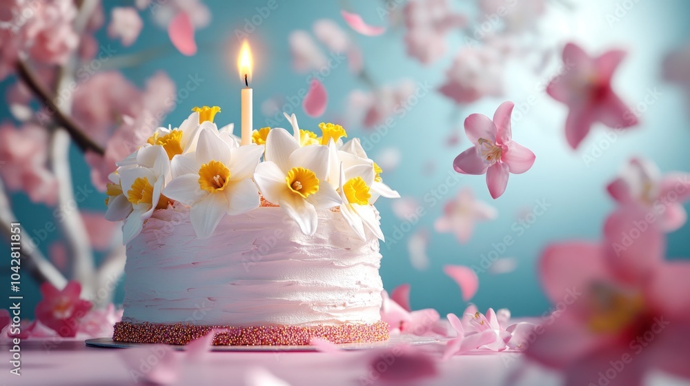 Canvas Prints A beautifully decorated cake with flowers and a candle, surrounded by petals.