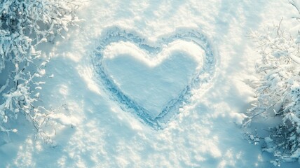 Symbol of love with Heart shape drawn by hand on pure white,snow heart in the snow,Heart drawing on snowdrift,Couple draw on the snow love,lettering,valentine,Postcard,concept love of the holiday.