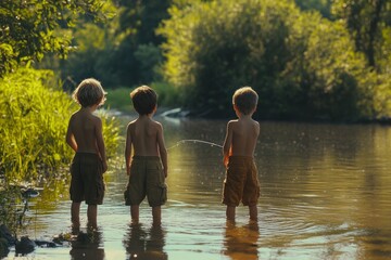 Boys Fishing by the River in Sunshine