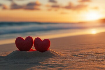 Fototapeta premium Romantic Hearts on a Beach at Sunset