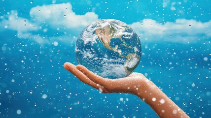 Environment Earth Day In the hands holding earth with Heavy rain and storm,Saving environment,Global Warming,environmentally sustainable,Save Earth,Disaster,Concept the Environment World Earth Day.