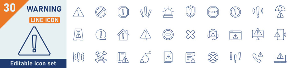 Warning and risk line icon set. Set of 30 outline icons related to warning exclamation mark, risk, attention, stop, danger, notice and others. Vector illustration.