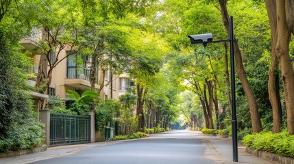 Obraz premium Surveillance Camera in a Peaceful Residential Area