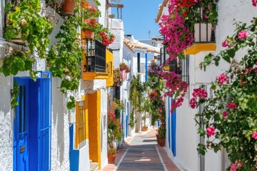 Fototapeta premium A vibrant alleyway adorned with flowers and colorful architecture.