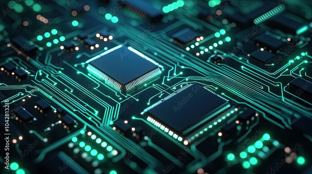 Poster intricate digital circuit board design with microchips