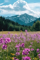 Obraz premium Purple Flowers and Mountain