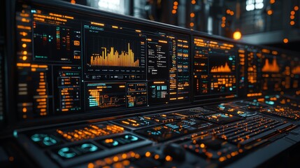 Naklejka premium Futuristic Control Room with Dynamic Data Visualizations and Interactive Interfaces for Advanced Insights