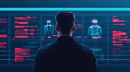 A person observes digital screens displaying data and figures, illuminated by blue and red light, suggesting a technological or cyber-themed environment.