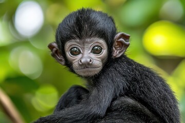 Fototapeta premium A close-up of a young monkey with large eyes and black fur, set against a blurred green background.