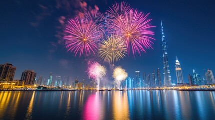 Fototapeta premium Spectacular Fireworks Display Over City Skyline