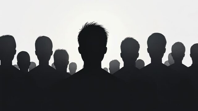 Silhouettes of a crowd representing unity, diversity, and anonymity in a striking black and white composition.