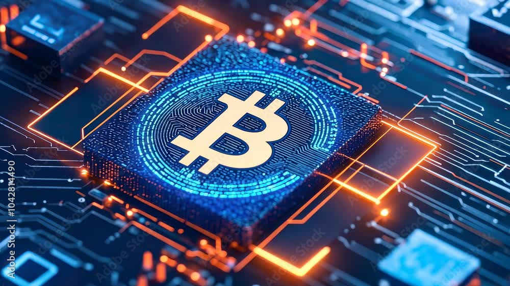 Poster dynamic illustration of a bitcoin symbol on a digital circuit board representing cryptocurrency tech