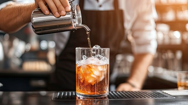 Bartender Pouring Soda Into Glass with Ice
