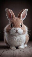 Obraz premium Close-up of small white bunny with brown spots sitting on wooden surface