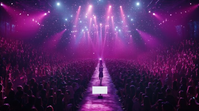 A vibrant stage illuminated by colorful lights, showcasing a crowd at a live event.