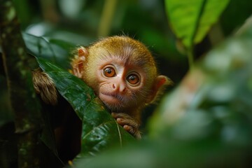Fototapeta premium A curious young monkey peeks through lush green leaves in its natural habitat.