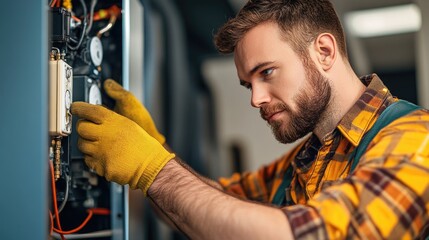 Technician Adjusting Thermostat in Mechanical Room