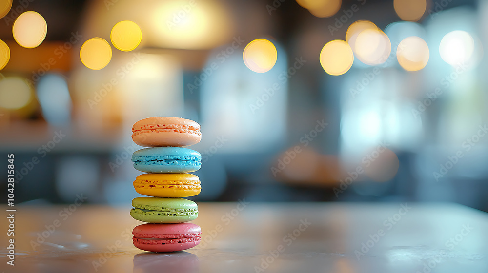 Poster colorful macarons stacked on table create delightful and vibrant display, showcasing their unique co