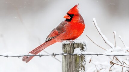 A vibrant cardinal perched on a snowy fence post in a winter landscape.