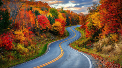 A captivating view of a winding road leading through the autumn hills, inviting a scenic drive in nature.
