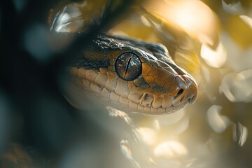 Obraz premium A close-up of a snake's head peeking through foliage, highlighting its intricate scales and eye.