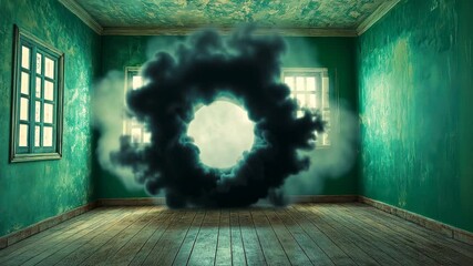 A surreal room with a mysterious foggy portal