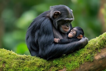 A tender moment between a mother chimpanzee and her baby, showcasing love and connection.