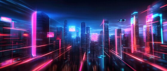 Futuristic Cityscape with Glowing Holograms at Night