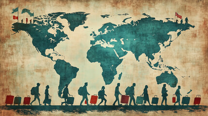 Travelers with luggage walk across world map, symbolizing immigration