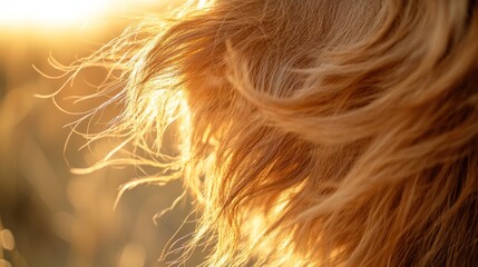Naklejka premium A close-up of golden hair illuminated by sunlight against a natural background.