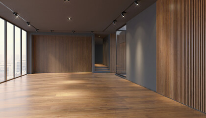 3d rendering of an empty modern office building with large windows - modern architecture.