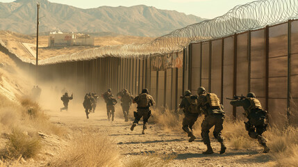 Military personnel running along border fence with barbed wire, intense action