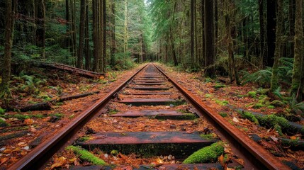 Fototapeta premium Rusted Railway Tracks Amidst Lush Forest Landscape