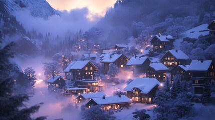 Fototapeta premium Snowy Village nestled in a Mountain Valley