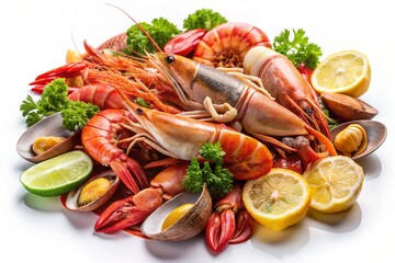 Assorted fresh seafood and fish platter with citrus garnish isolated on white background