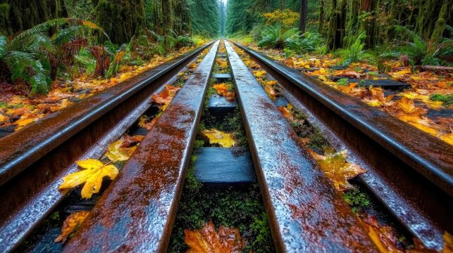 Rusted Railway Tracks with Autumn Leaves