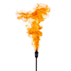 a Fire-Eater’s Flame, Fiery flames dancing on the tip of a performer’s torch, creating an exhilarating spectacle, isolated on a white background