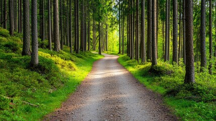 Fototapeta premium A serene forest path meanders through tall trees, bathed in sunlight, inviting exploration and a connection with nature.