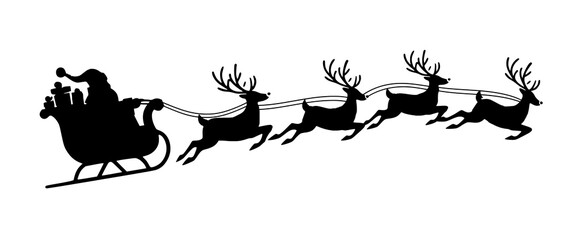 Santa Claus in a sleigh with reindeer pulling is depicted in a vector image. Santa's shadow in his sleigh © PixelSaga MH2 