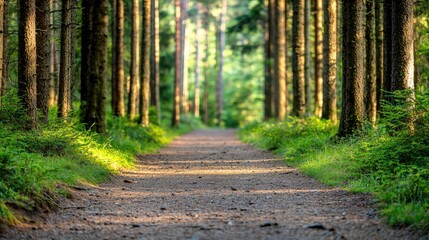 Fototapeta premium A serene forest pathway surrounded by tall trees and lush greenery, inviting exploration and connection with nature.