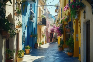 A vibrant alleyway adorned with colorful buildings and blooming flowers in pots.