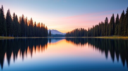 A serene landscape featuring a calm lake surrounded by evergreens, reflecting vibrant colors of dawn against a mountain backdrop.