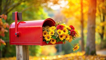 Fall flower mailbox with a red envelope and yellow flowers reflected in the background