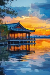 Fototapeta premium Pagoda on Lake at Sunset