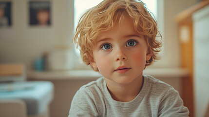 Nene pequeño primer plano, observa atentamente hacia arriba, curioso, atento, sentado sala de clases. Tez blanca ojos azules cabello rubio claro. Guardería, consultorio