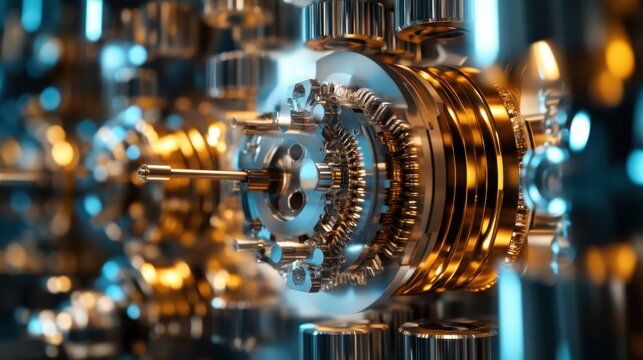 An extreme close-up of a quantum cryptography key distribution system in a cybersecurity research facility, Cybersecurity style, photo of